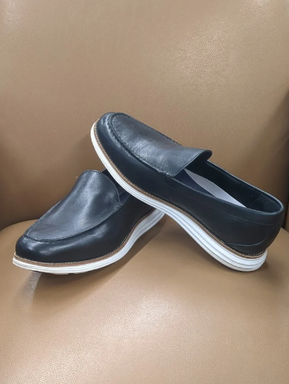 Cole Haan Black Slip-On Leather Loafers with White Sole